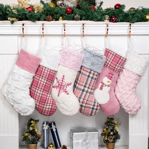 Miniatura 9 de GEX Medias de Navidad Paquete de 6 para Familia 20" Grandes Lentejuelas Doradas de Seda con Suave Piel Sintética Bordada Decoraciones Clásicas