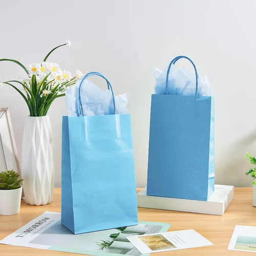 Miniatura 8 de DjinnGlory Paquete de 24 pequeñas bolsas de regalo de papel azul con asas de 9 x 5.5 x 3.15 pulgadas y 24 papel de regalo de seda para negocios