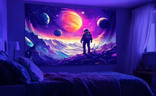 Miniatura 39 de BVBOX Tapiz de astronauta espacial con luz negra, reactivo a los rayos UV, galaxia, planeta que brilla en la oscuridad, póster de luz negra, arte