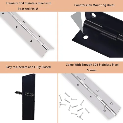 Miniatura 6 de Bisagra de piano negro de 36 x 2 pulgadas de ancho abierto, bisagra de piano de acero inoxidable resistente, bisagra continua para gabinete, puerta