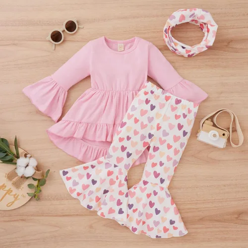 Miniatura 5 de Toddler Baby Girls Soft Suit Valentine's Day Ruffles Tops Heart Printed Flare Pants Swaddling Blankets for Baby
