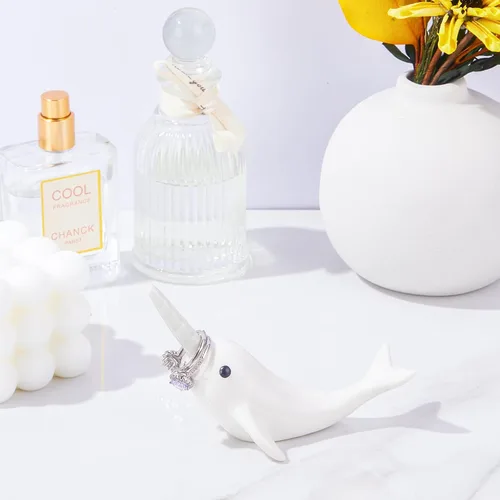 Miniatura 6 de Soporte para anillos de delfín blanco, bonita decoración, organizador de anillos pequeños, regalo único de delfín para mujeres, novia, novio