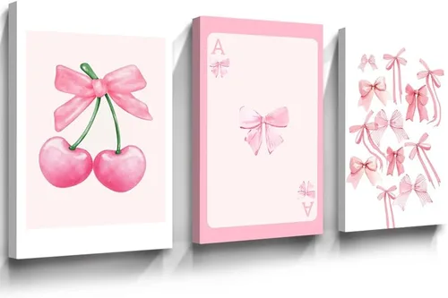 Juego de 3 lienzos de arte de pared de lazo rosa de cerezo rosa para decoración de pared femenina, lazos de acuarela, decoración de pared para