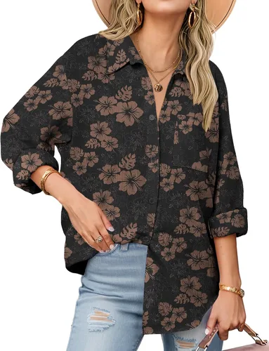 Miniatura 27 de Zeagoo - Blusas de lino con botones para mujer, de gasa, algodón, manga larga, blusas informales con cuello, corte holgado