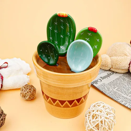 Miniatura 6 de DOERDO - Juego de cucharas medidoras de cactus en maceta, bonitas tazas de cocina de cerámica y con soporte para hornear, sal y azúcar, verde
