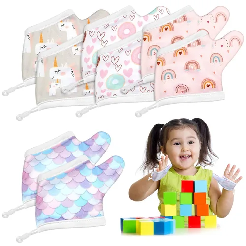 Miniatura 8 de Seematn 4 pares de guantes de succión de pulgar transpirables para niños pequeños que dejan de chupar los dedos de los dedos (3-6 años, dinosaurio)
