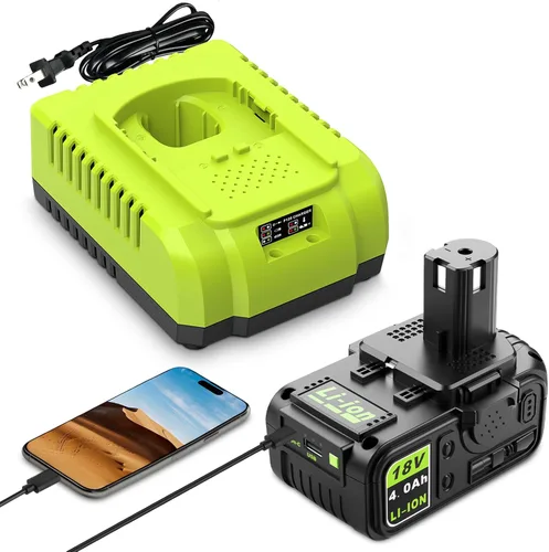 18V 4.0Ah Batería de repuesto con USB y cargador Combo para cargador de batería Ryobi, Compatible con sistema Ryobi 18 voltios de iones de litio