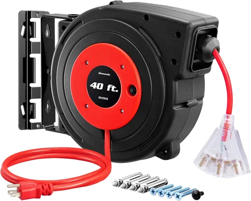 Miniatura 13 de DEWENWILS Carrete de cable de extensión retráctil, cable de alimentación resistente de 40 pies, 12 AWG/3 C SJTOW, 3 tomas de tierra iluminadas