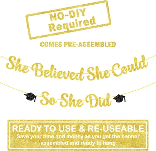 Miniatura 2 de KatchOn, Cartel de She Believed She Could So She Did - Cartel con purpurina de 10 pies, sin bricolaje, pancarta dorada y negra con la frase "You Did