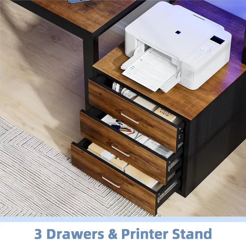 Miniatura 4 de MaverickFurni Escritorio para computadora de 67 pulgadas con 3 cajones, escritorio de oficina en casa con estante para impresora y soporte