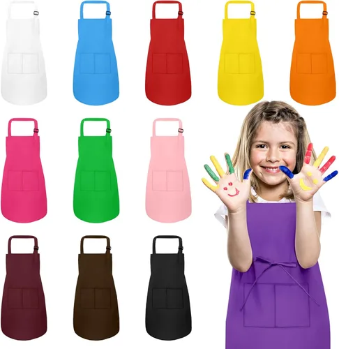 Miniatura 13 de Juego de 12 delantales para niños a granel con 2 bolsillos, delantal de chef de arte ajustable para niños, delantales de pintura para niños