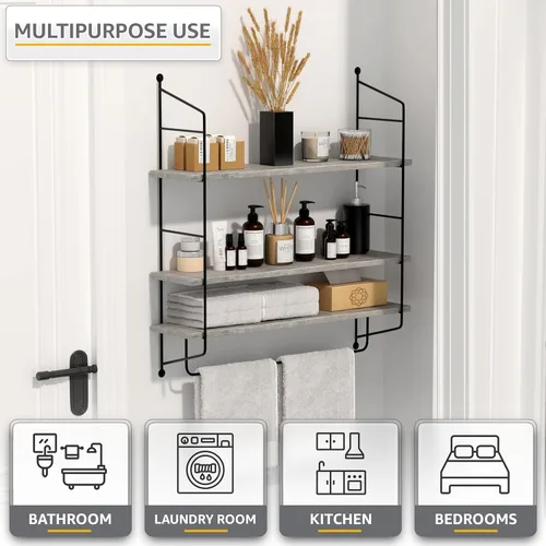 Miniatura 5 de Sorbus Estantes flotantes de baño de 3 niveles para pared, almacenamiento de pared de madera para toallas, armario de almacenamiento sobre
