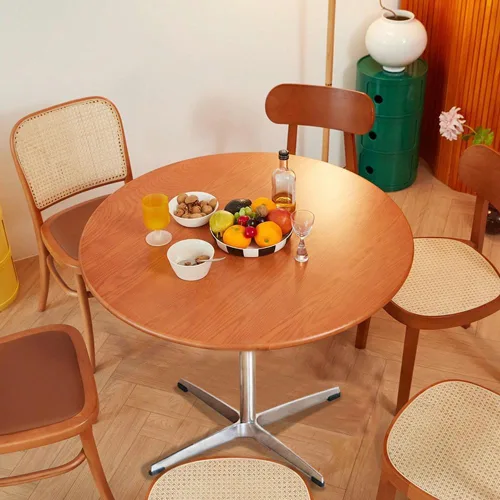 Miniatura 3 de Mesa de comedor redonda moderna de madera maciza con base de metal cruzada, mesa pequeña de madera marrón para oficina, mesa de centro pequeña