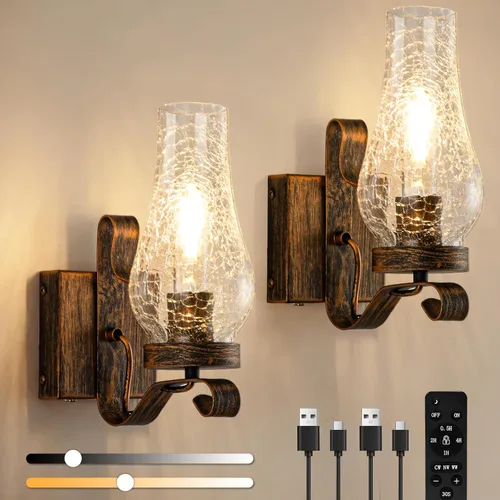 Miniatura 10 de Vintage Farmhouse Wall Sconces, Battery Operated Wall Lamps, Rechargeable Wall Lights, Ice Crackle Glass Rustic Non-Hardwired Antique Kerosene Wall