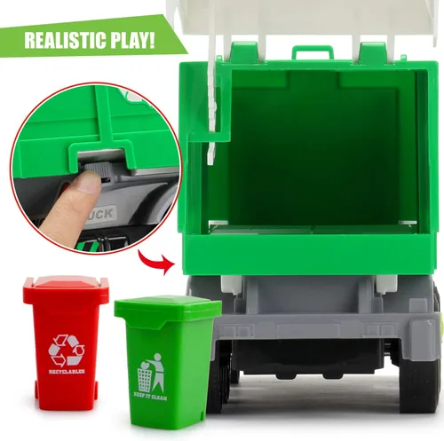 Miniatura 8 de MOBIUS Toys Camión de basura – Camión de reciclaje grande a escala 1:12 con luces, sonidos y piezas móviles – Camión de basura duradero sin BPA