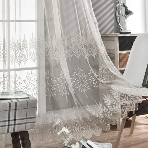 DONREN Cortinas traslúcidas color beige de lujo para sala de estar, paneles de cortina transparentes con bordado de hojas para dormitorio (52
