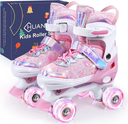 Miniatura 9 de Patines de ruedas para niños, patines rodantes ajustables de 4 tamaños con ruedas que se iluminan, 10C a 6 patines de ruedas para principiantes