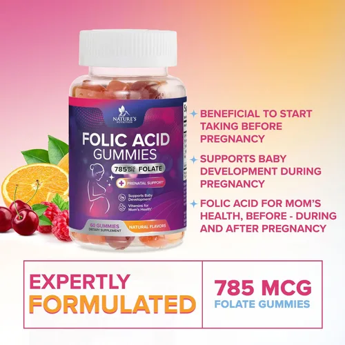 Miniatura 7 de Gomitas de ácido fólico para mujeres, folato de 785 mcg por porción, vitaminas prenatales esenciales para mamá y bebé, suplemento fólico vegano
