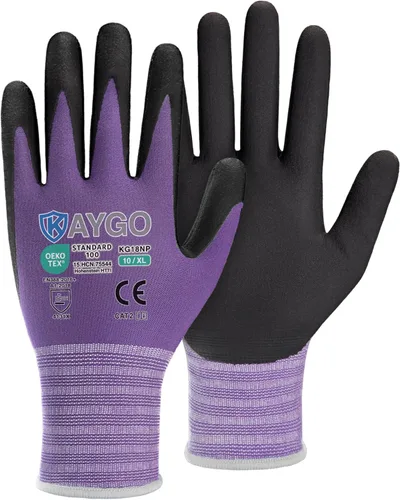 Miniatura 48 de KAYGO Guantes de Trabajo de Seguridad con Revestimiento de Nitrilo MicroFoam, 3 Pares KG18NB, Guante de Punto Sin Costuras de Nylon con Dedos Gris