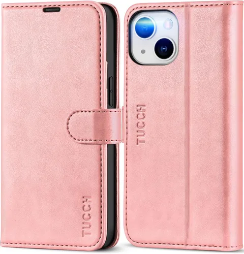 Miniatura 13 de TUCCH Funda tipo cartera para iPhone 13 Mini, carcasa interior de TPU a prueba de golpes, piel sintética, bloqueo RFID, soporte para tarjeta de Negro