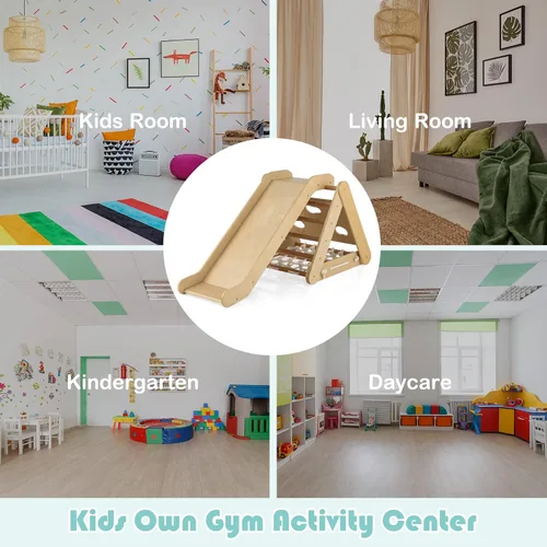 Miniatura 5 de HONEY JOY Escalador triangular 4 en 1 con rampa, escalera triangular de 3 lados para niños con cuerda de red y barras, juguetes de escalada Natural
