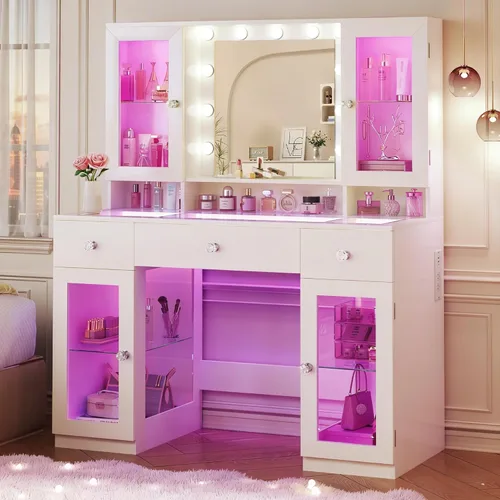 HUAHUU Escritorio de tocador con espejo y luces RGB, tocador de maquillaje grande de 43" con tapa de vidrio, 4 grandes gabinetes de vidrio, toma de