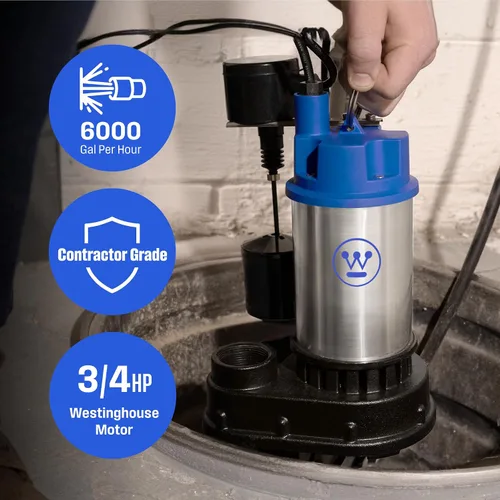 Miniatura 2 de Westinghouse Bomba sumergible de sumidero de hierro fundido y acero inoxidable de 3/4 HP con interruptor de flotador vertical integrado, 6,000