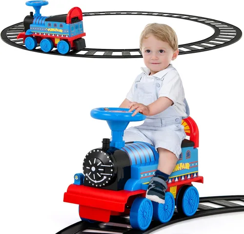 Miniatura 12 de Honey Joy - Tren para montar con 16 piezas de pistas, juguete eléctrico alimentado por batería de 6V para niños, luces intermitentes y música, Azul