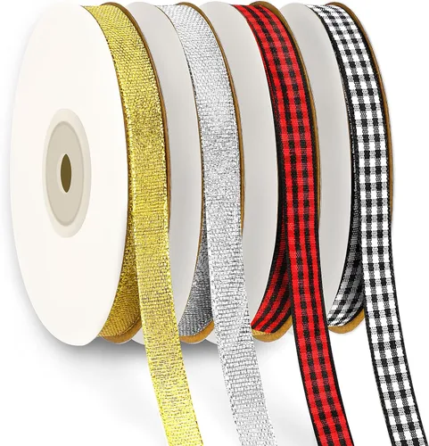 Miniatura 31 de DECYOOL - Cinta de Navidad, 4 rollos de 100 yardas de cintas navideñas para envolver regalos (0.6 in de ancho, rojo, verde, dorado y plateado)