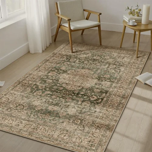 Miniatura 67 de Alfombra de área marrón lavable de 2 x 3 pies, alfombra vintage para entrada y cocina, antideslizante, suave, de pelo bajo desgastado, alfombra