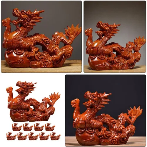 Miniatura 4 de Veemoon Estatua de madera de dragón chino Fengshui, 3.9 in, mini rojo 2024 Año del Dragón, escultura tallada a mano para decoración de estantes