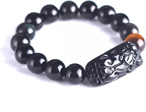 Miniatura 28 de Pulsera de obsidiana negra, pulsera de obsidiana negra Feng Shui para mujeres y hombres, pulsera elástica de obsidiana con piedra de ojo de tigre