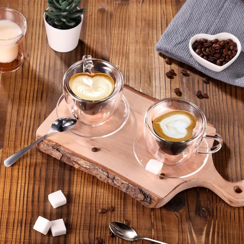 Miniatura 4 de Taza de café expreso glastal de 5oz de vidrio de doble pared, tazas de café con mango, juego de 2 tazas con platillo en forma de corazón, tazas