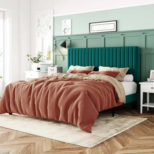 Miniatura 15 de Allewie - Base de cama tamaño King con cabecera acolchada tapizada en terciopelo y diseño acanalado vertical ajustable; plataforma de cama con base