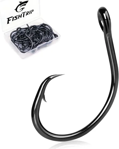 Miniatura 7 de Anzuelos Circulares para Agua Salada, Anzuelos de Pesca en Línea 5X Fuertes para Bagre 25pcs, Negro/Acero de Alto Carbono/Sin Desplazamiento/Ojo