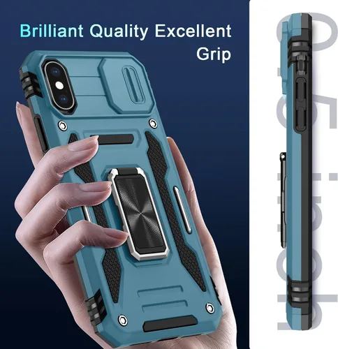 Miniatura 375 de DEERLAMN Funda para iPhone Xs Max con funda deslizante para cámara + protector de pantalla, soporte giratorio de anillo de grado militar a prueba