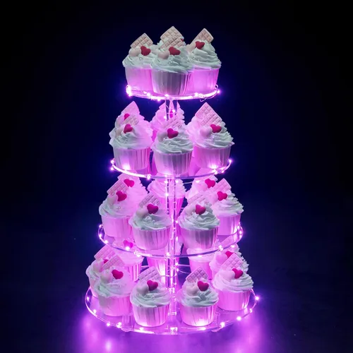 Miniatura 19 de Soporte para Cupcakes, Soporte Redondo para Cupcakes de 4 Niveles con Tira de Luces LED, Torre de Exhibición de Cupcakes de Acrílico para Bodas, Azul