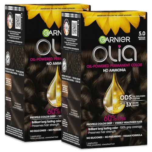 Garnier Olia Tinte para el cabello permanente rico en aceite de color brillante sin amoníaco, 5.0 marrón medio (paquete de 2) tinte para el cabello