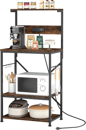 Miniatura 8 de JAMFLY Estante para hornear de cocina con toma de corriente, soporte para microondas con 6 ganchos en forma de S, barra de café de 4 niveles