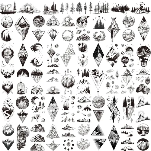 22 hojas de pegatinas de tatuajes temporales de montaña, incluidos tatuajes falsos impermeables, formas geométricas negras, con forma de sol,