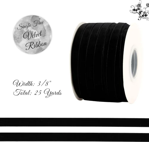 Miniatura 2 de Cinta de terciopelo negro de 3/8 pulgadas x 25 yardas, cinta fina de una sola cara para envolver regalos, bodas, lazos para el cabello, gargantilla