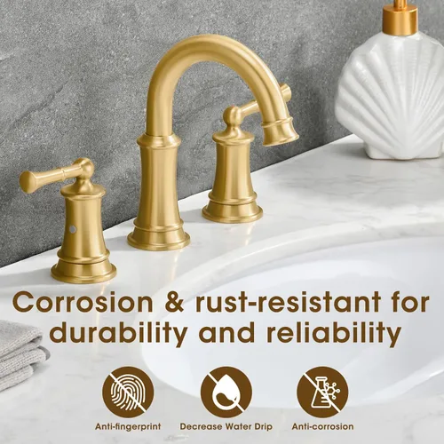 Miniatura 6 de Grifo de baño de oro cepillado de 8 pulgadas, construcción de latón sólido, grifo de baño dorado de 3 orificios con desagüe emergente y 2 mangueras