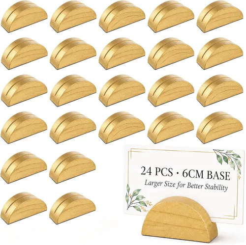 24 soportes grandes para números de mesa de 2.3 pulgadas, base semicircular de madera dorada para mesa, para bodas, menú de restaurante, fotos,