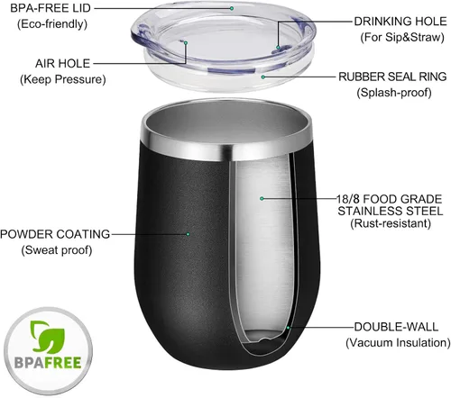 Miniatura 3 de VEGOND - Vaso de vino de acero inoxidable de 12 onzas con tapa y popote, vaso de vidrio de vino aislado de doble pared sin tallo, taza de café