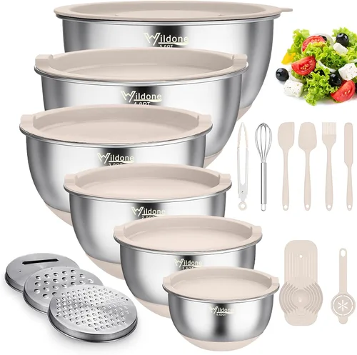 Wildone Cuencos para mezclar con tapas herméticas, 22 PCS cuencos de acero inoxidable anidables, con 3 accesorios de rallador, marcas de escala y