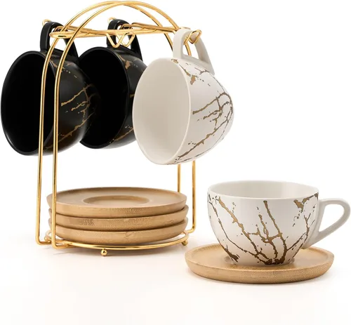 LUKA - Juego de tazas de café de cerámica con platillos y soporte de metal, tazas de capuchino apilables de 8 oz de porcelana para té, espresso,