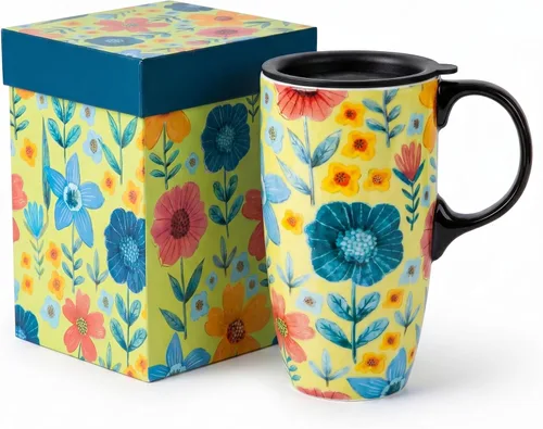 DUSVALLY Taza de Café de Cerámica Taza de Viaje Regalo con Tapa 17oz, Taza de Té con Asa para Latte, Capuchino y Cacao, Tazas de Café de Porcelana