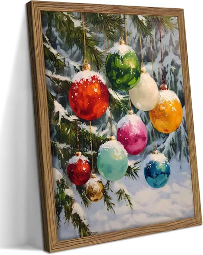 Arte de Pared Navideño Vintage Enmarcado, Bolas de Navidad en las Decoraciones de Imagen del Árbol de Navidad, Decoración de Pared de Vacaciones de