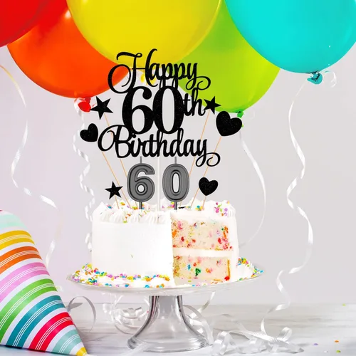 Miniatura 5 de El juego de decoraciones para tartas de cumpleaños de 60 años incluye velas de 60 cumpleaños número 60 velas para pasteles y adornos para pasteles