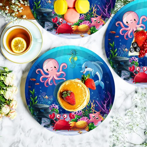 Miniatura 4 de 40 piezas de suministros para fiesta de cumpleaños bajo el mar, platos de papel para fiesta de vida marina oceánica, platos de postre de animales